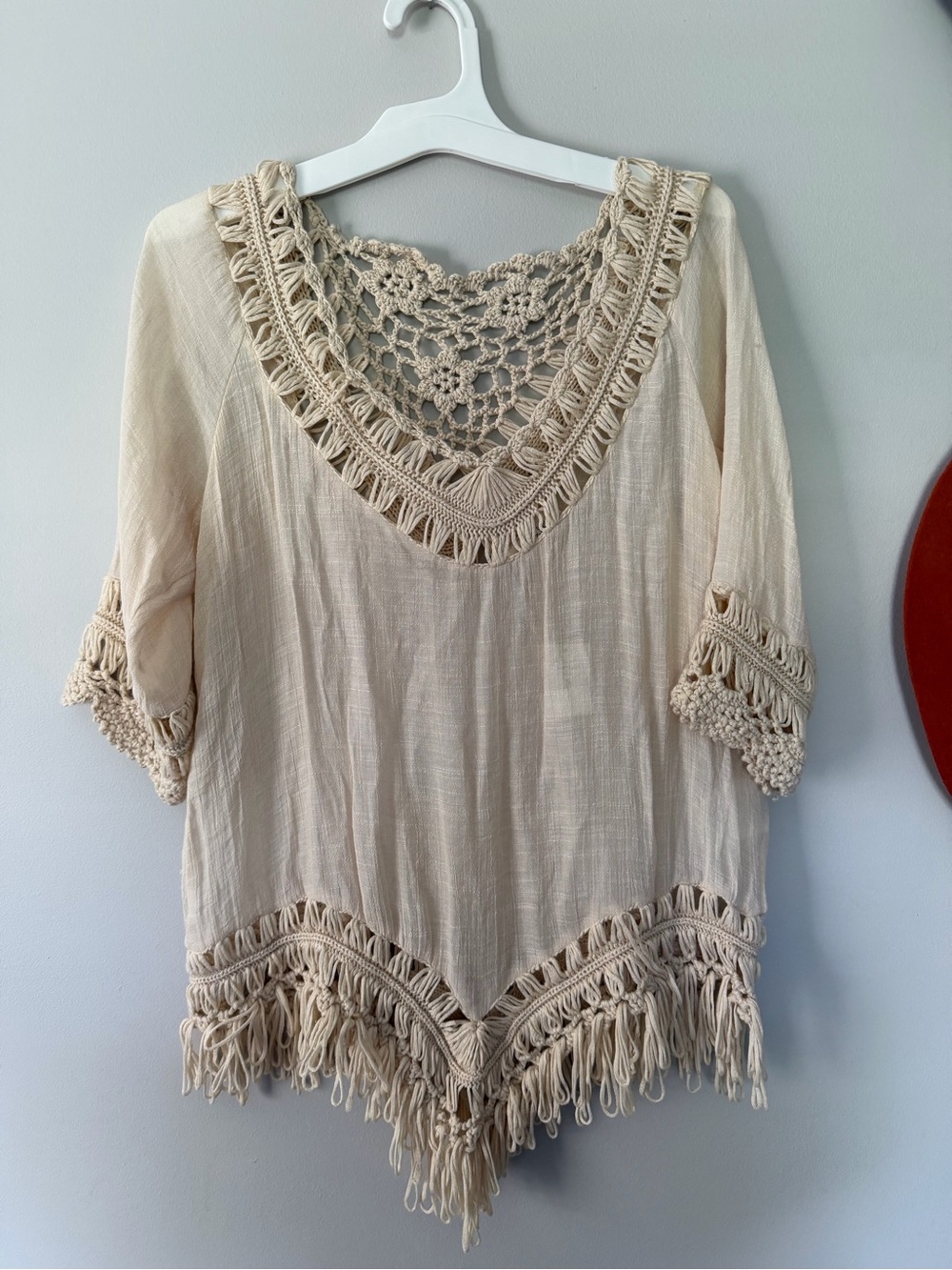 Boho Crochet Trim V-Neck Women’s Top in Cream